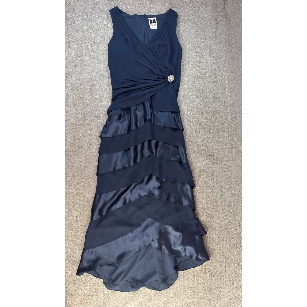 Vtg Tadashi Silk Gown Formal Dress Navy Tiered Sleeveless Size 10